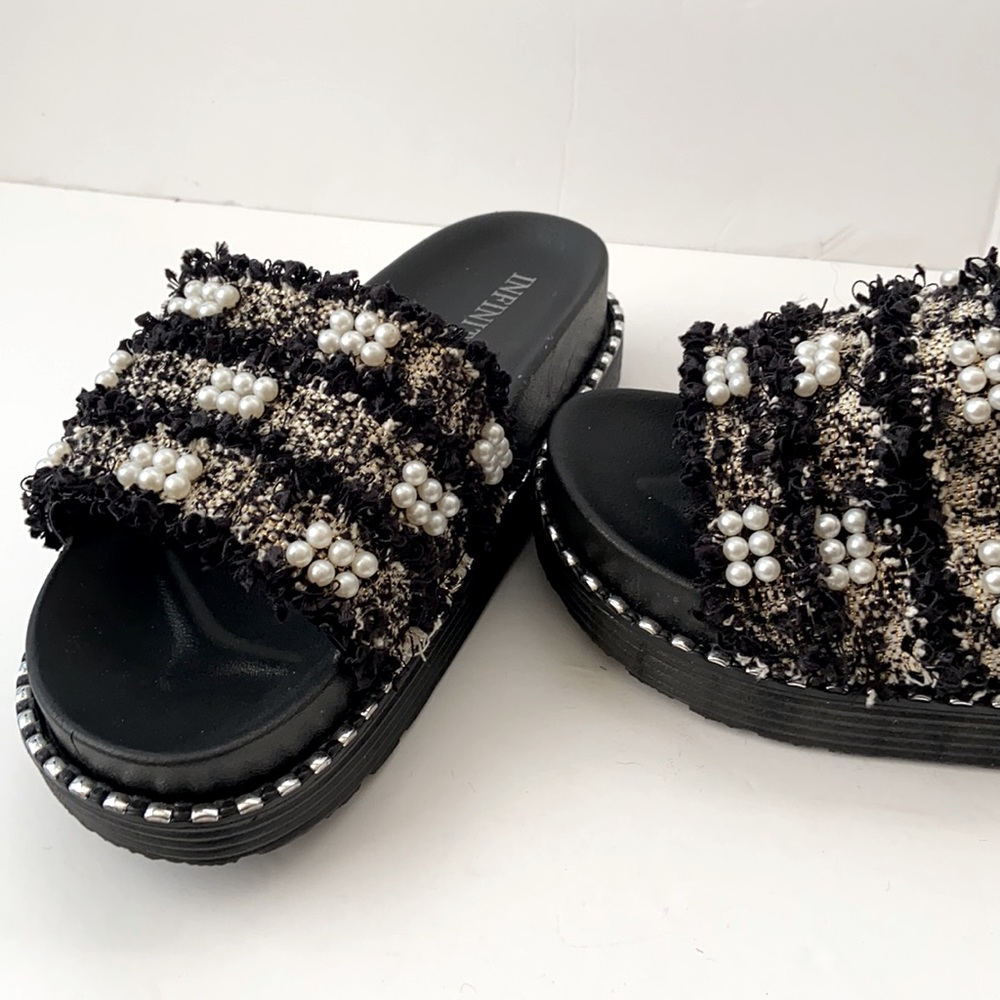 French Boutique Tweed/pearled Pool Slides size 8